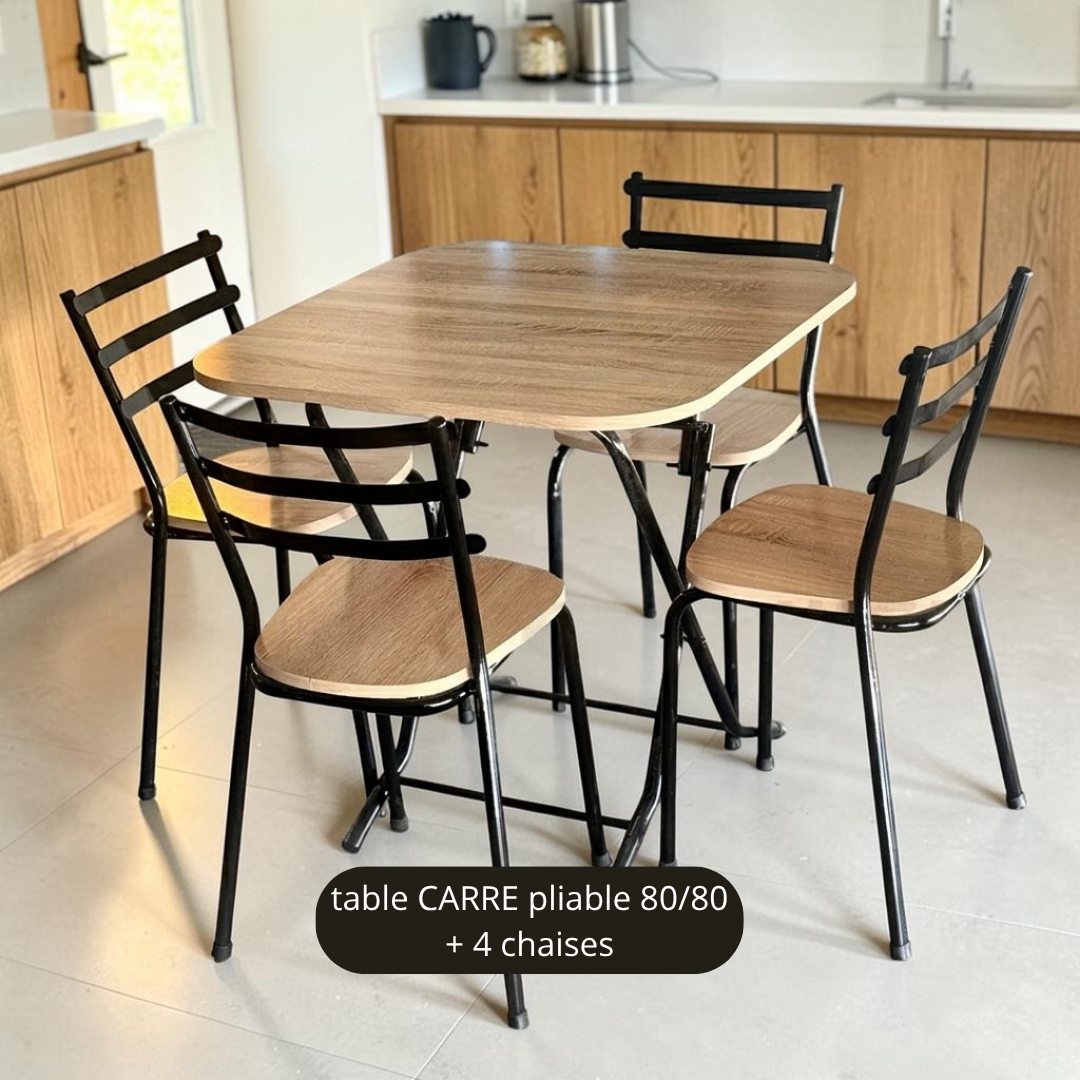 Table pliante 80/80 + 4 chaises beige bois