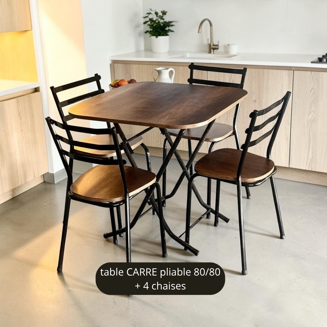 Table pliante 80/80 + 4 chaises Marron