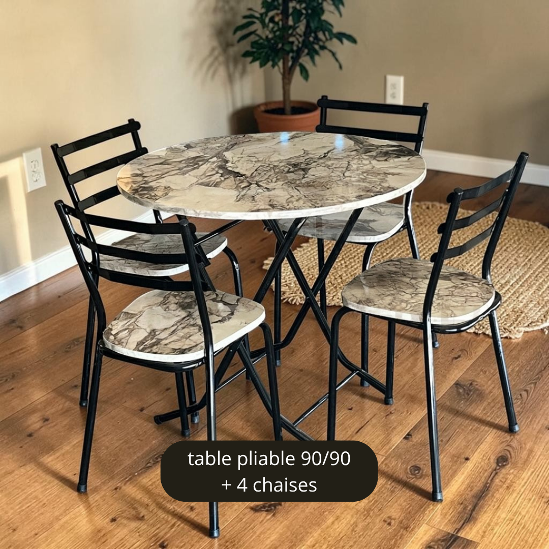 TABLE RONDE 90CM BLANC MARBRE + 4 CHAISES