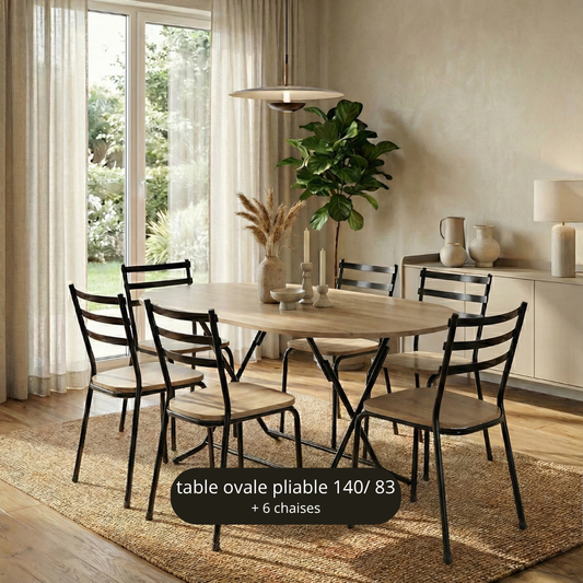 TABLE OVALE 140/85 CM BEIGE BOIS + 6 CHAISES