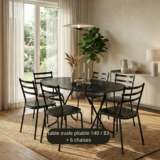 TABLE OVALE 140/85 CM NOIR MARBRE + 6 CHAISES