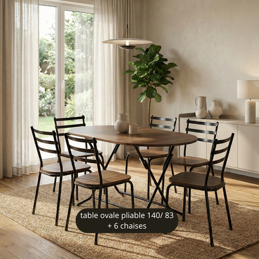 TABLE OVALE 140/85 CM MARRON  + 6 CHAISES
