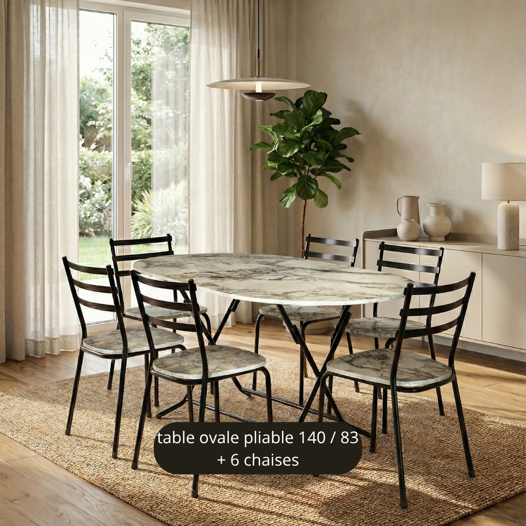 TABLE OVALE 140/85 CM BLANC MARBRE + 6 CHAISES