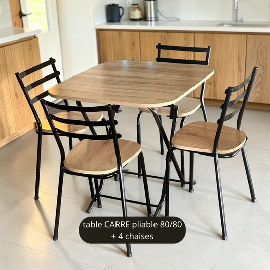 Table pliante 80/80   + 4 chaises beige bois