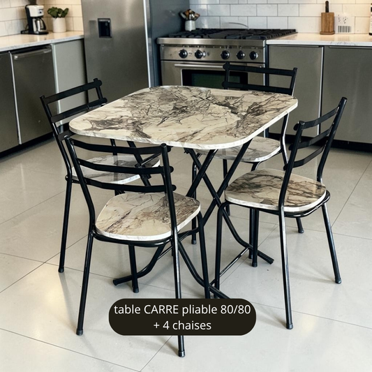 Table pliante 80/80   + 4 chaises blanc marbre