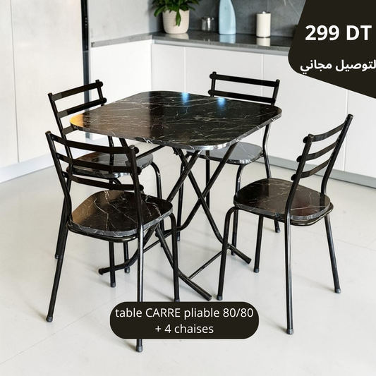 Table pliante 80/80   + 4 chaises noir marbre