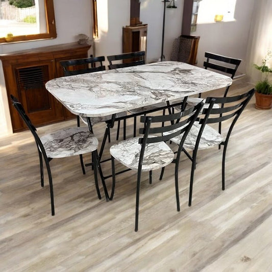 Table pliable 140/70 pliable + 6 chaises blanc marbre