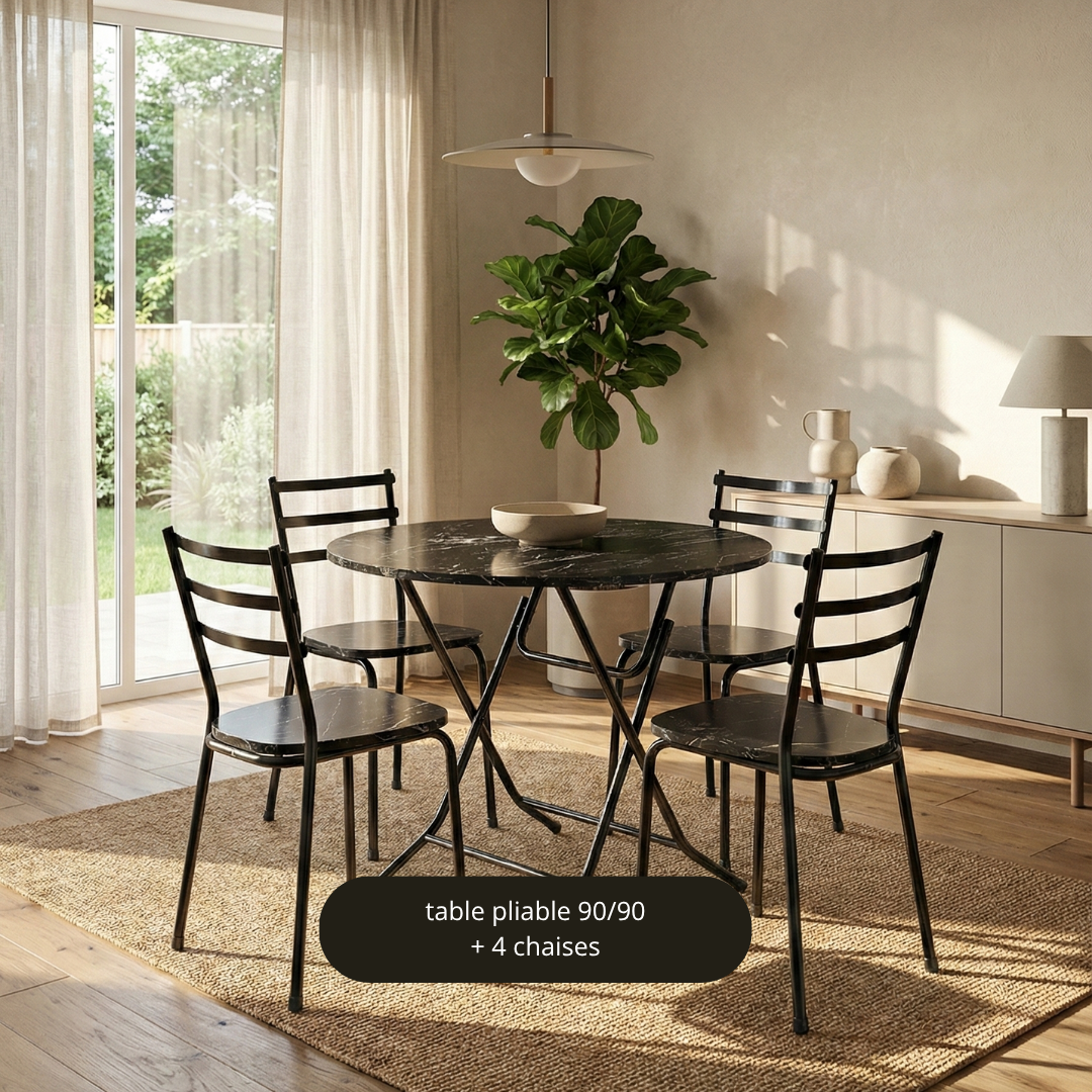 TABLE RONDE 90CM NOIR MARBRE + 4 CHAISES