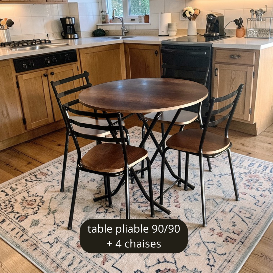 TABLE ROND 90CM MARRON + 4 CHAISES