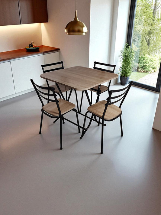 Table pliante 80/80   + 4 chaises beige bois