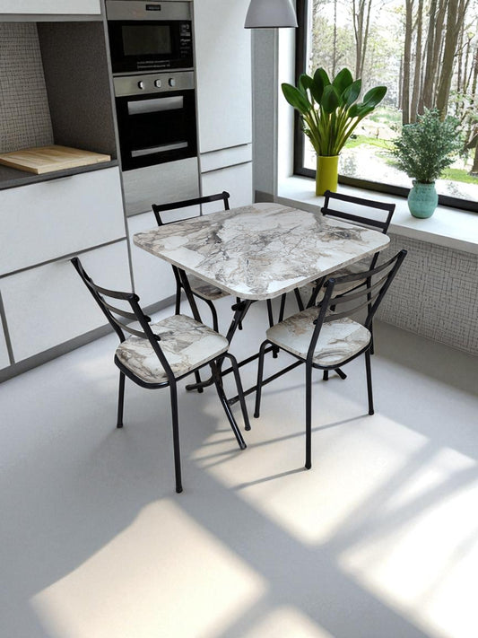 Table pliante 80/80   + 4 chaises blanc marbre