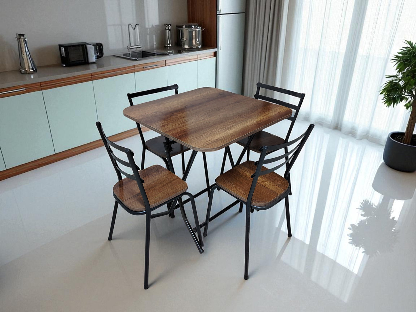 Table pliante 80/80   + 4 chaises Marron