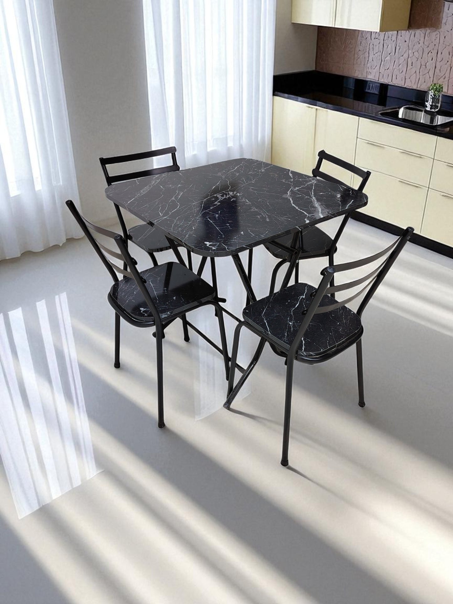 Table pliante 80/80   + 4 chaises noir marbre